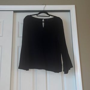 Black v cut neckline long sleeve blouse with trumpet sleeves